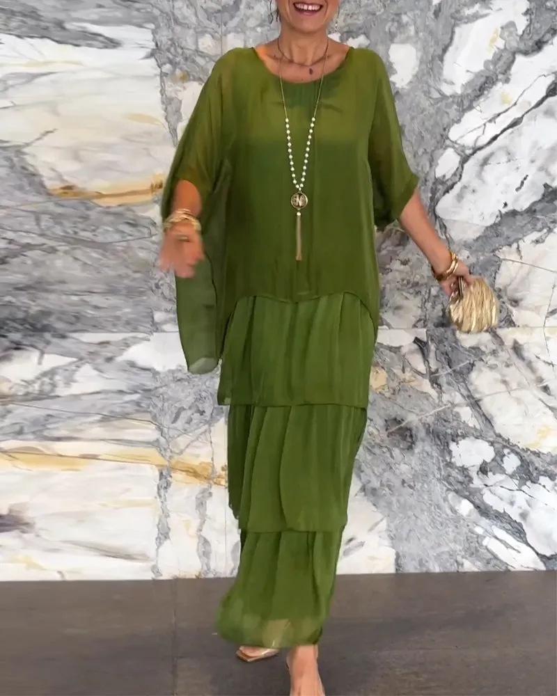 Women's Fashion Round Neck Batwing Sleeve Long Dress