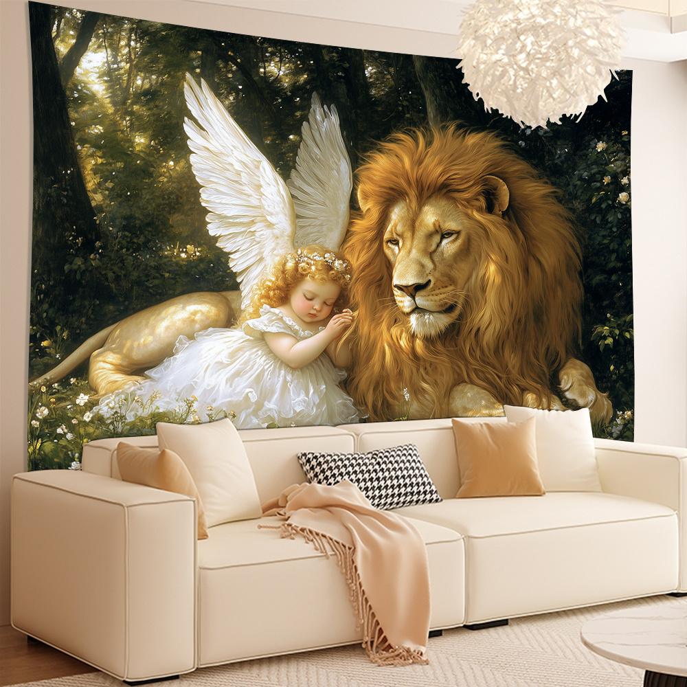 Angel and Lion In Enchanted Forest Tapestry Perfect for Adding Magical and Serene Style To Any Room Decor Ideal for Home Use
