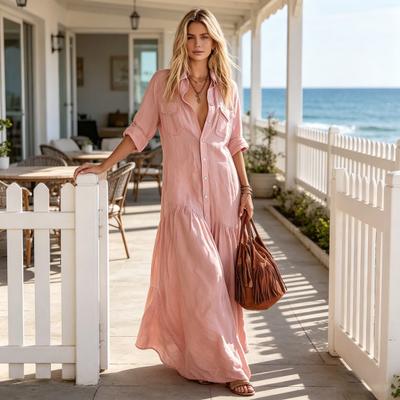 Robe chemise longue à manches courtes boutonnée pour femme