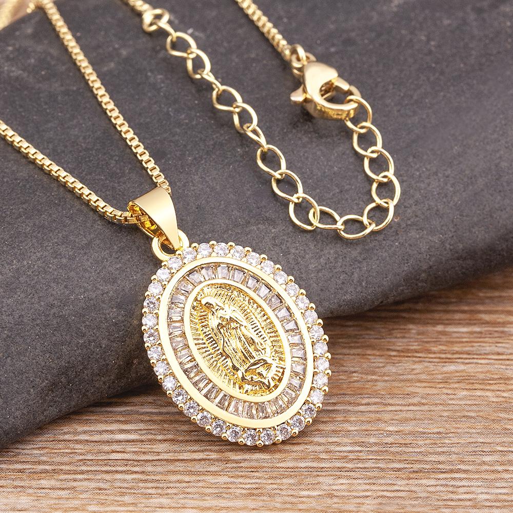 Sosire Zirconiu Complet de Lux Placat cu Aur Lanț Lung Colier cu Pandantiv Fecioara Maria Pentru Femei Bărbați Farmec Bijuterii Catolice