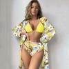 European and American High-Waisted Bikini Set with Printed Long-Sleeved Cover-Up