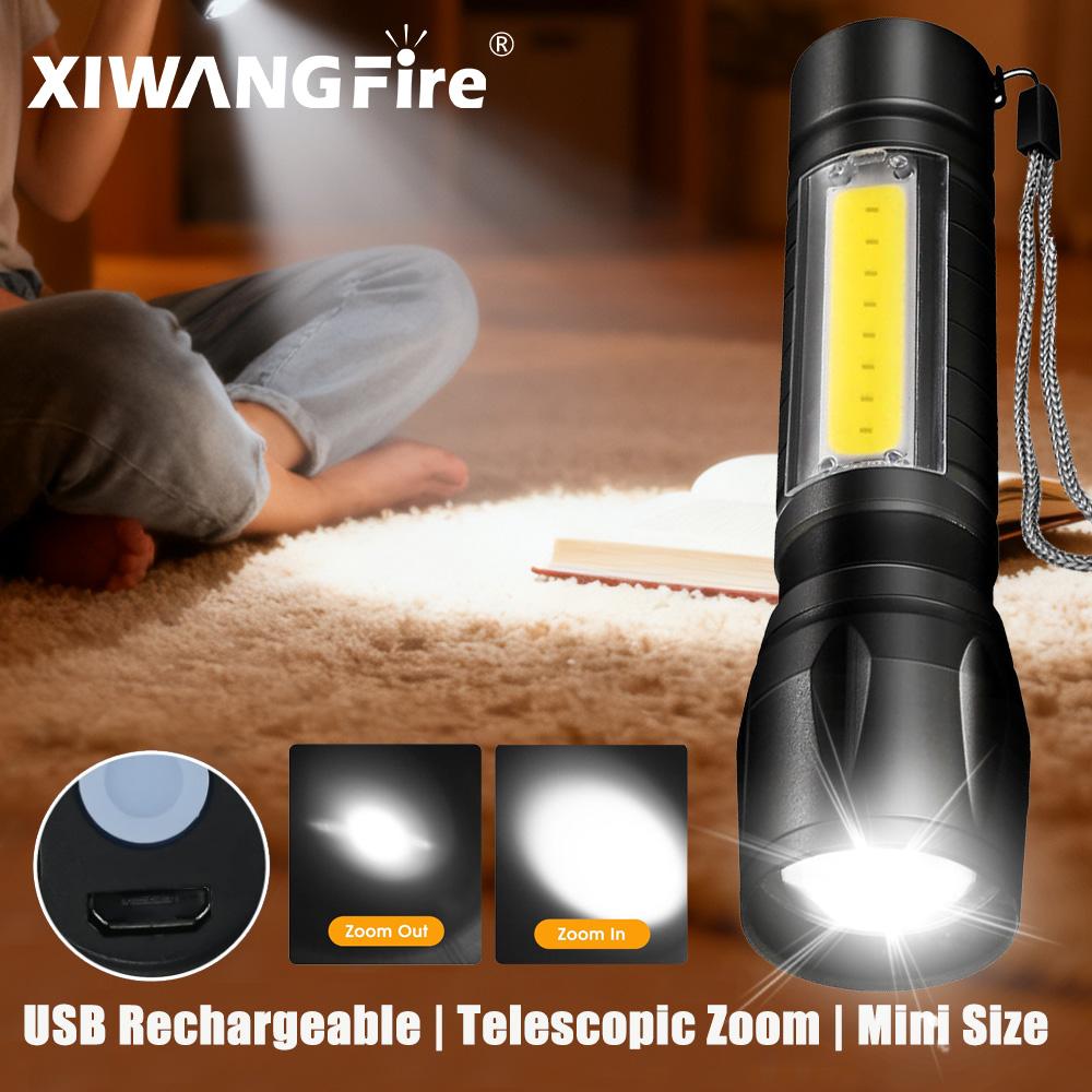 Mini LED Flashlight COB+XPE Portable Torch USB Charging Camping Lantern Zoomable Reading Light Tactical Flashlight with Pen Clip