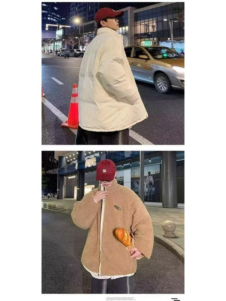 Men's Trendy Reversible Lambswool Cotton Jacket: Winter Velvet Thickened, Loose Fit, Hong Kong Style, Casual Outerwear.