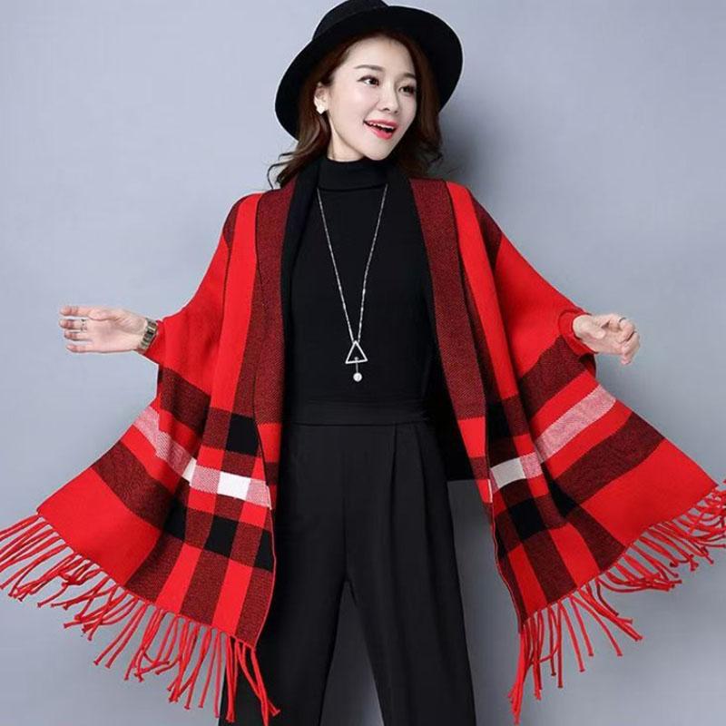 Dámský ležérní dámský svetr s dlouhým rukávem, dámská šála, oboustranná pelerína, kostkovaný pletený zateplený teplý kardigan
