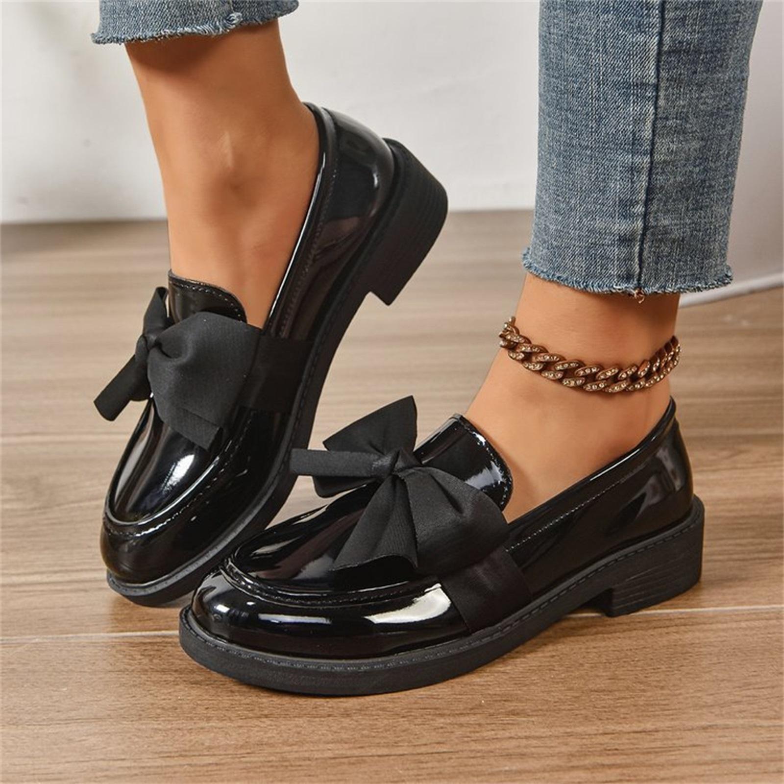 Women s Fashionable Plus-Size Round-Toe Bow Loafers Small Leather Shoes 35