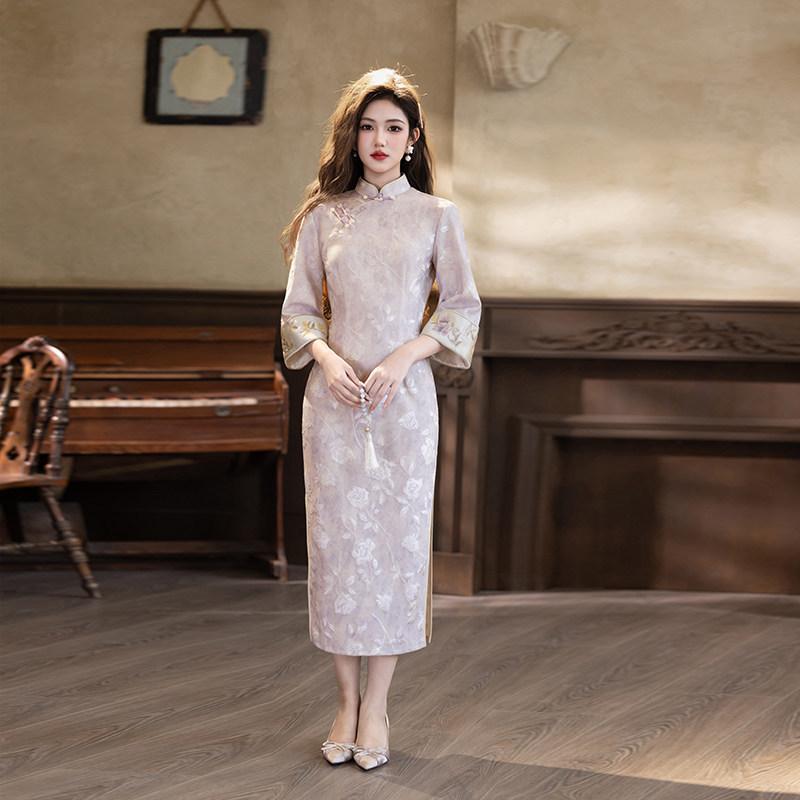 Purple National Style New Chinese Suzhou Long-sleeved Autumn Cheongsam Improved Young 1011 New Women's High-end Feeling Spring and Autumn