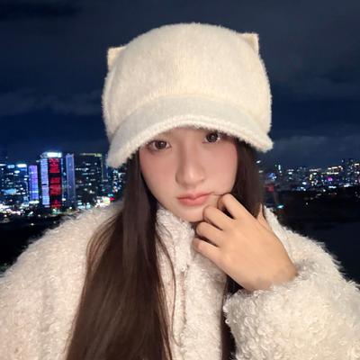 Autumn and Winter Hat for Women's Cute Cat Ear Duck Tongue Plus Fur Warm Hat Fashionable Versatile Octagonal Hat Korean Painter Hat