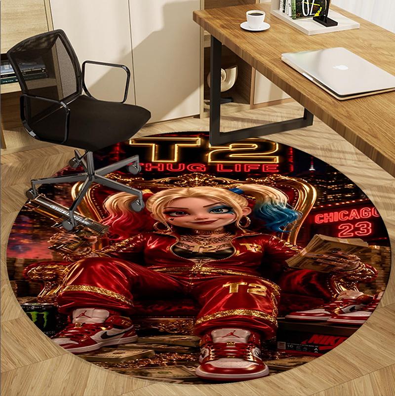 Harley Quinn Joker Pattern Round Rug, Indoor/Outdoor Mat, for Picnic, Gameroom, Bedroom, Office, Living Room, Home Decor Carpet, Birthday Gift