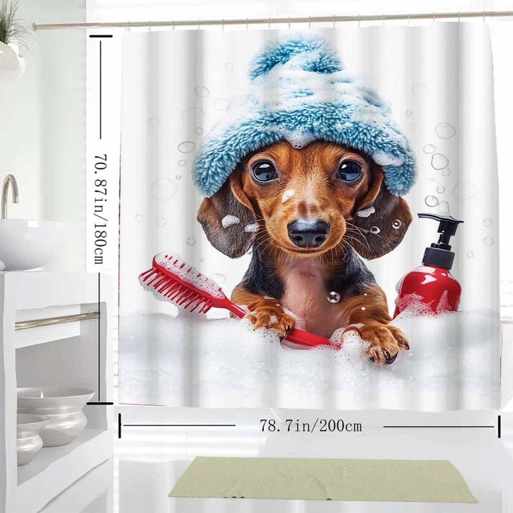 1Pc Adorable Dachshund Shower Curtain With Blue Beanie & Soap Design - Easy To Install, Durable Polyester, 12 Plastic Hooks,