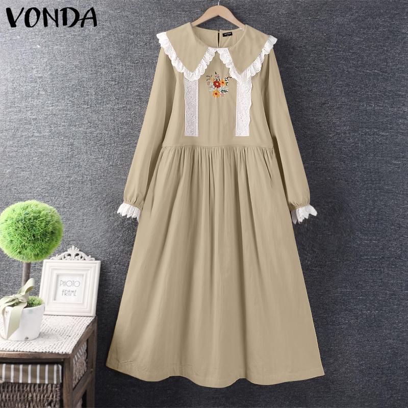 VONDA Rochii cu mâneci lungi imprimate casual din dantela cu rever