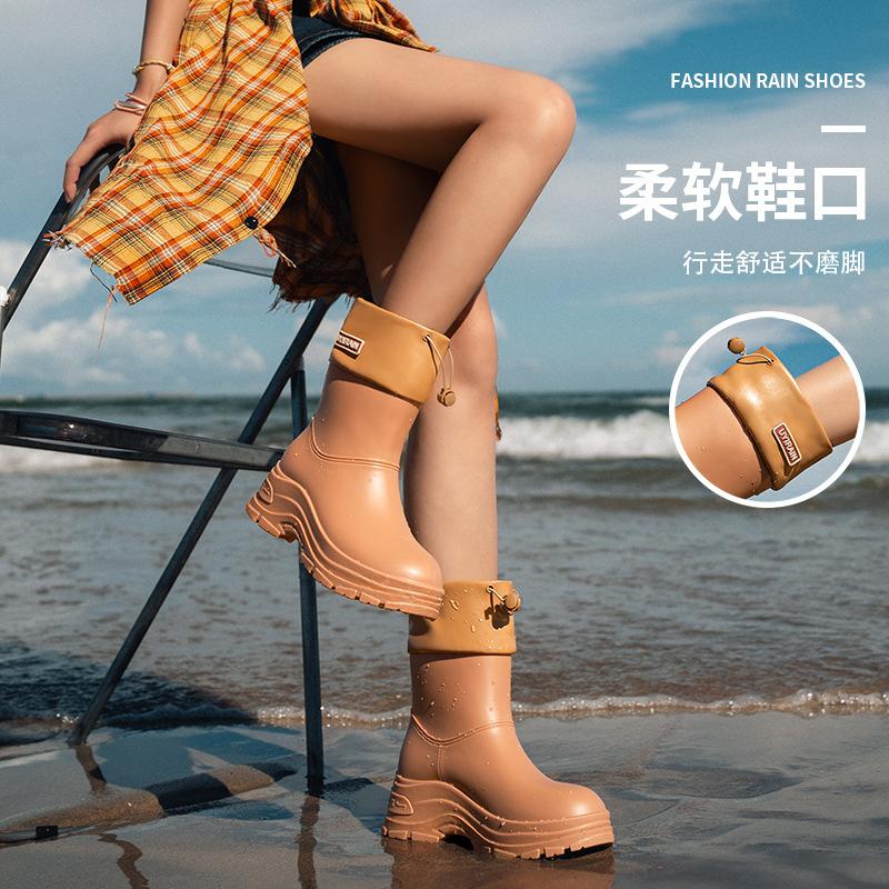 High-end women's rain boots medium and short tube outer wear versatile comfortable waterproof shoes thick sole heightening water shoes adult