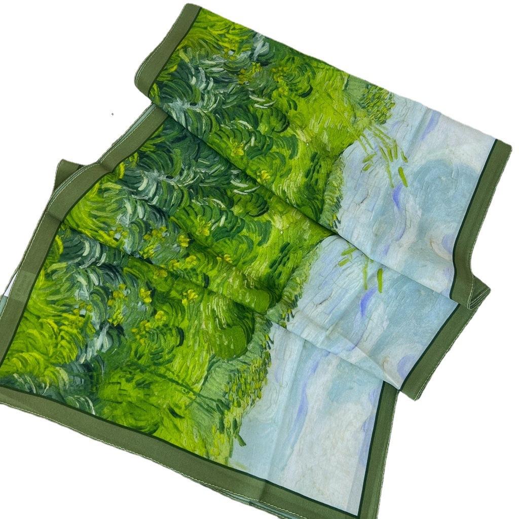 Green Oil Painting 100% Mulberry Silk Silk Long Scarf Spring And Summer Foreign Style Silk Scarf Shawl