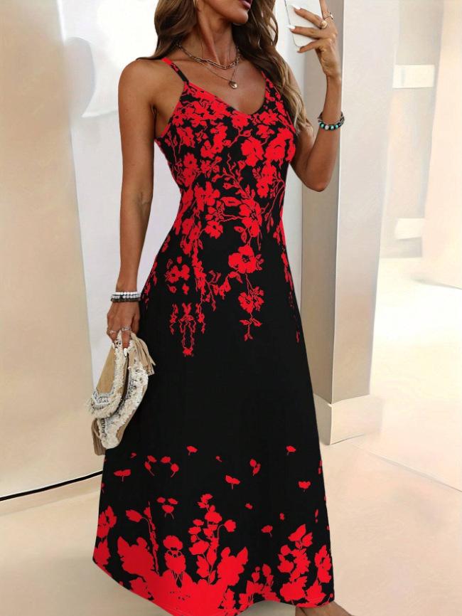 

2026 European & American V-neck Slim Fit Printed Spaghetti Strap Dress for Women S червоний