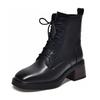 Leather Boots Martin Boots Women's New Square Head Square Heel Lace-up Short Boots First Layer Cowhide Middle Heel
