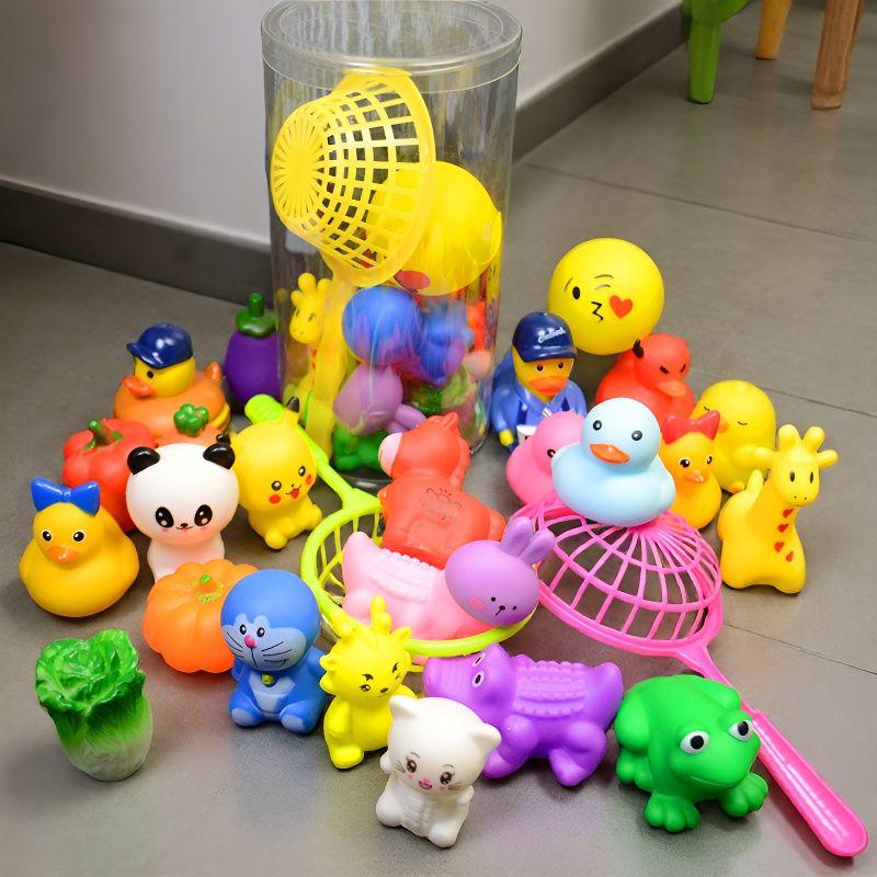 Baby Bath Toys: Squeeze & Squawk Yellow Duck with Net and Soft Marine Animal Set