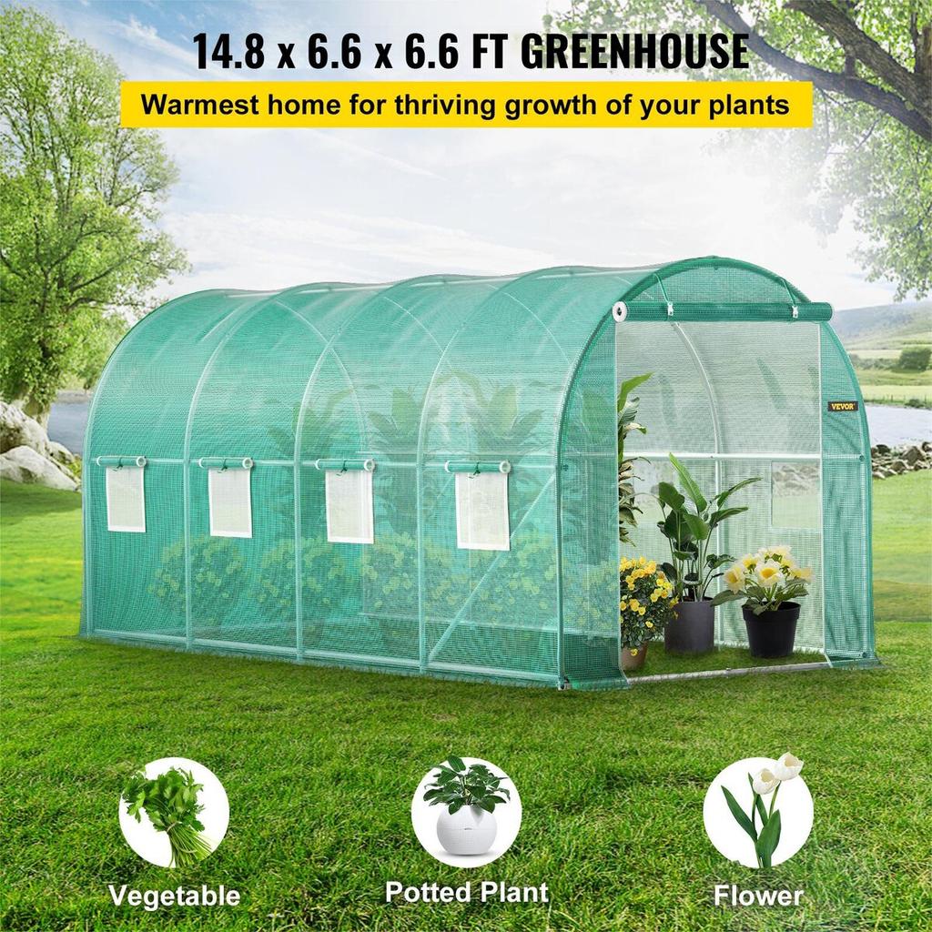 Walk-in Tunnel Greenhouse, 15 x 7 x 7 ft Portable Plant Hot House w/ Galvanized Steel Hoops, 1 Top Beam, 2 Diagonal Poles, 2 Zippered Doors & 8