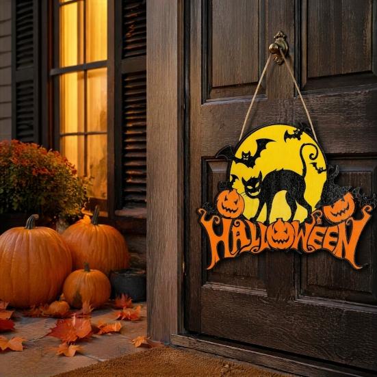 Party Supplies for Halloween Wood Door Hanger Sign, Pumpkin And Black Cat Printed, with Hemp Indoor Holiday Plaque Rope Lanyard, Decorative Wall