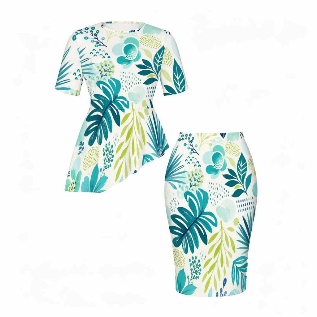 Women Plus Size Tropical Leaf Printed Round Neck Short Sleeve Asymmetric Top Fitted Skirt Two Piece Set