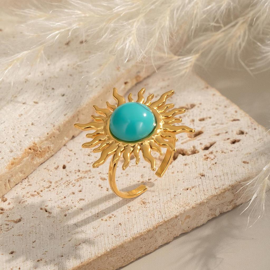 Xia Ling Retro Blue Cat's Eye Sun Stud Earrings & Open Ring, 18K Gold-Plated Stainless Steel, Non-Fading Jewelry