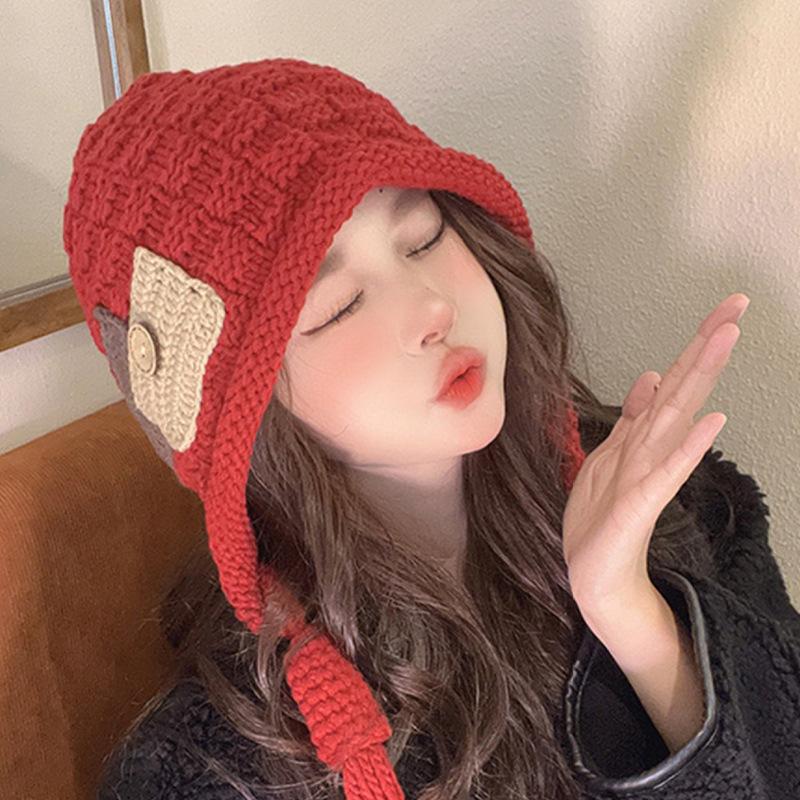 Korean Style Tassel Fashion Knitted Hat for Women in Autumn and Winter Handmade Pullover Lei Feng Hat Warm Ear Protection Retro Woolen Hat
