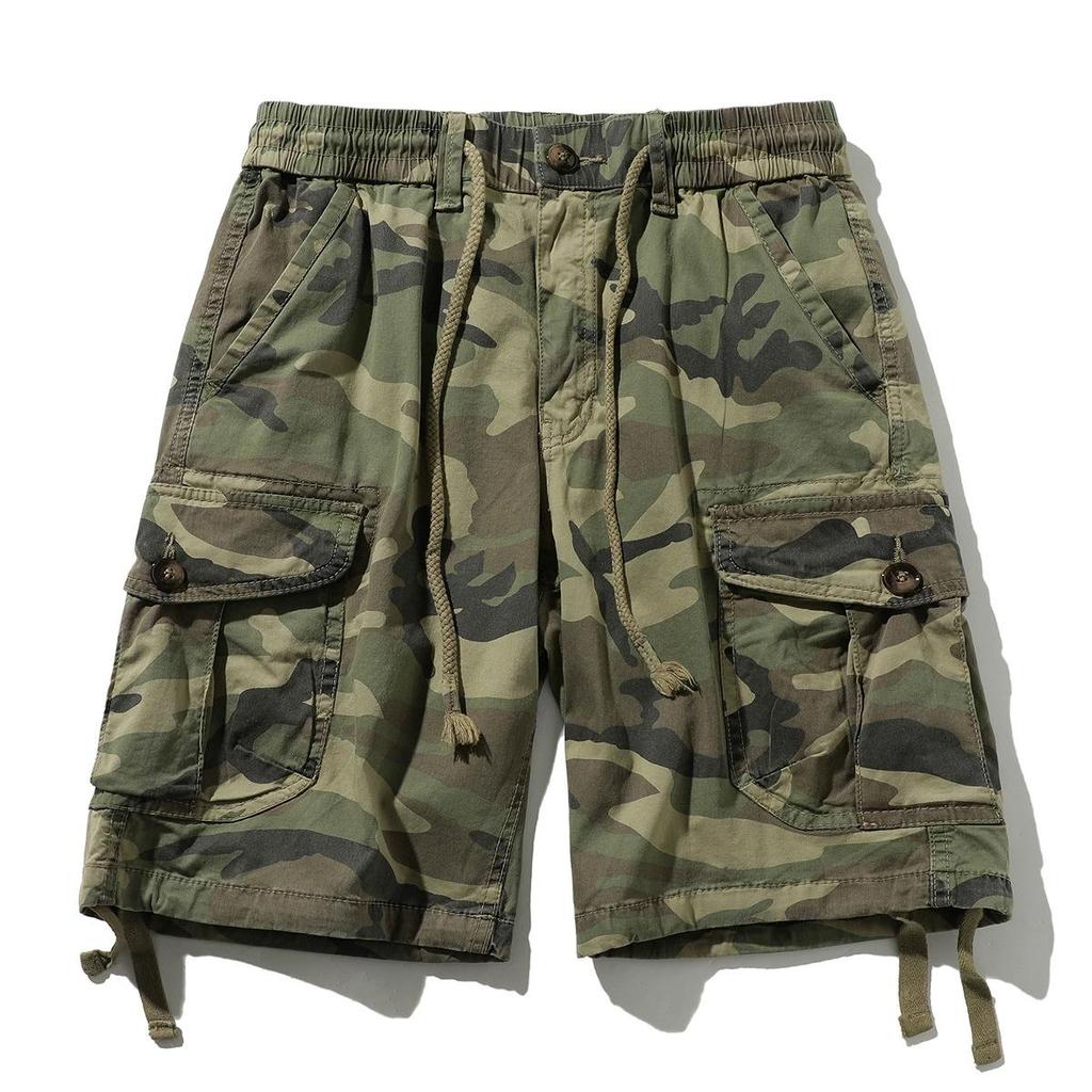 Men's Camouflage Multi Bag Work Pants Summer Pure Cotton Loose Outdoor Wear-resistant Multi Bag Casual Five Quarter Pants