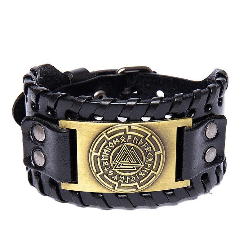 Trendy Totem Design Triangular Viking Rune Bracelet Men's Bracelet Genuine Leather Nordic Viking Accessories Jewelry Wholesale
