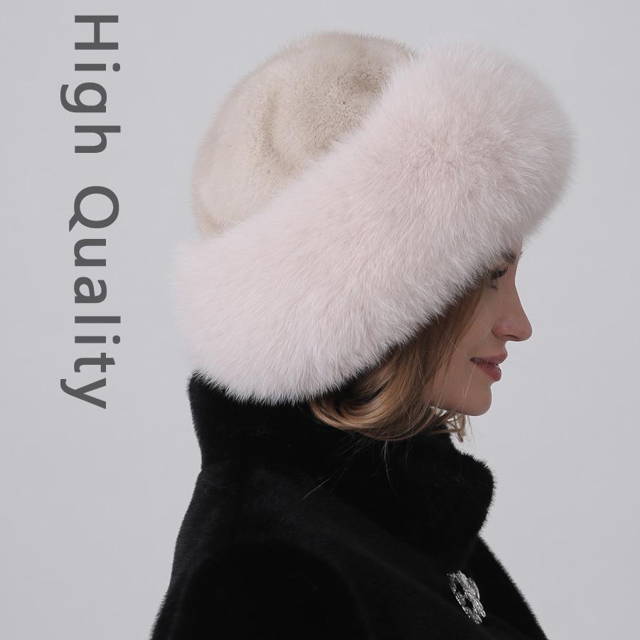 Real Fur Dome Hats for Women Natural Fox Mink Fur Cap Winter Luxury Warm Fashion Snow Hats