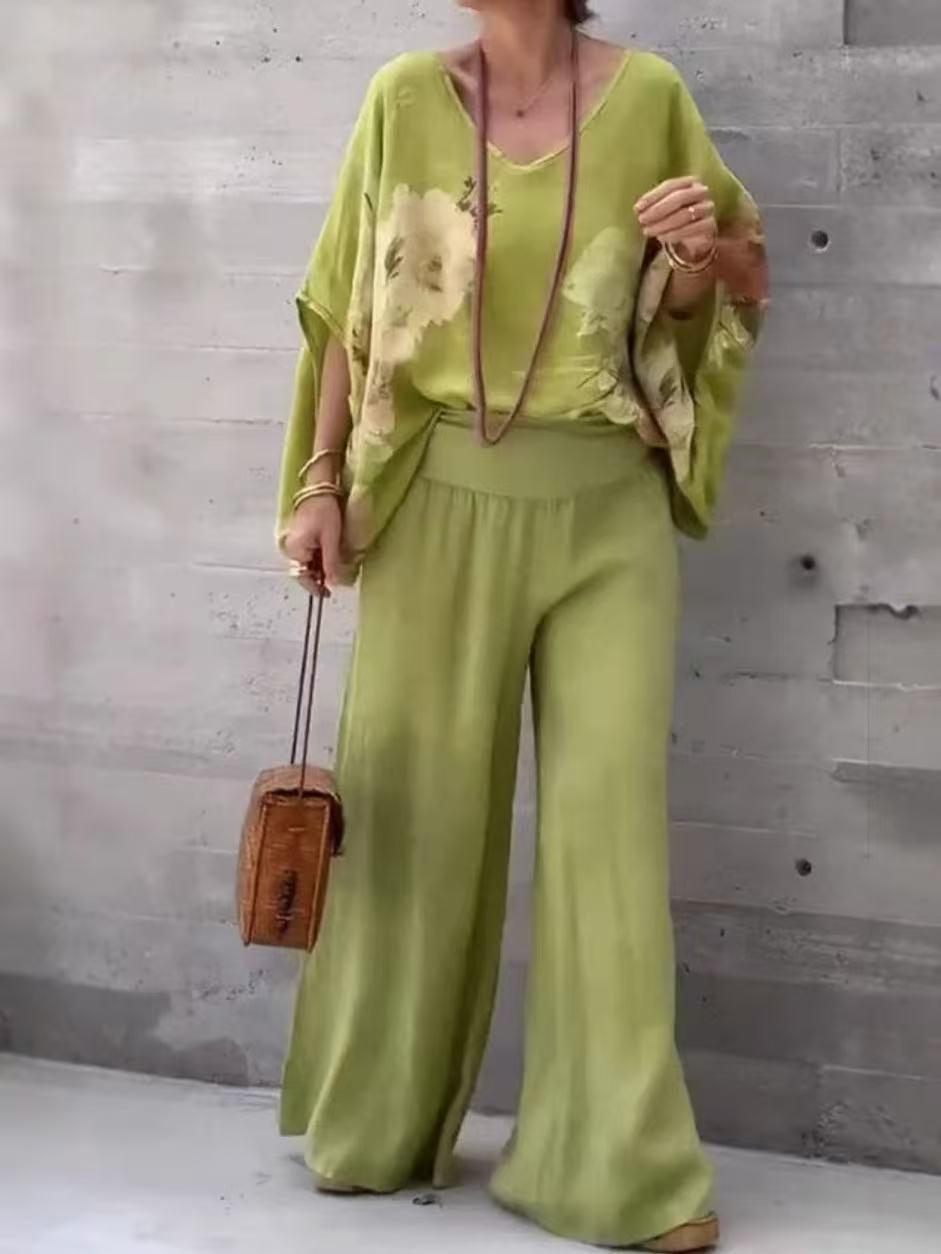 

2026 Women s V-Neck Cotton Linen Print Top & Long Pants Casual Set 3XL жовто-зелений
