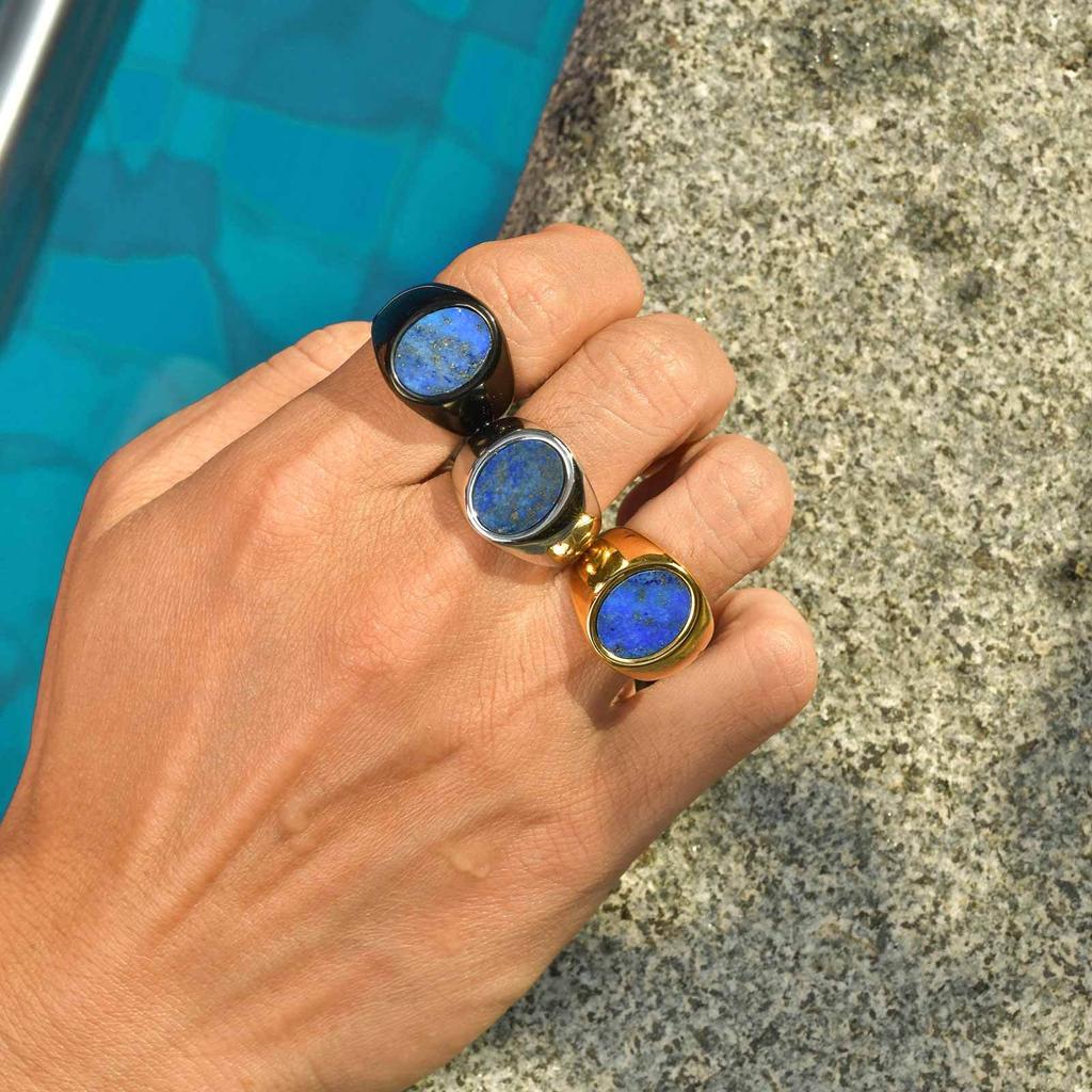 Waterproof Natural Stone Oval Ring for Men Boys,Stainless Steel Lapis Lazuli Stamp Ring Thumb Ring,Punk Birhtday Party Gift