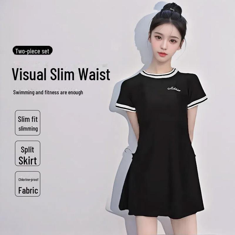 Dvoudílné barevně blokované korejské plavky: Dámská sukně, Slim Fit, Konzervativní design zakrývající bříško na svátky.