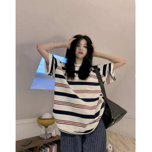 

American striped short-sleeved t-shirt women s new summer loose lazy wind half-sleeved student versatile top t-shirt M белый