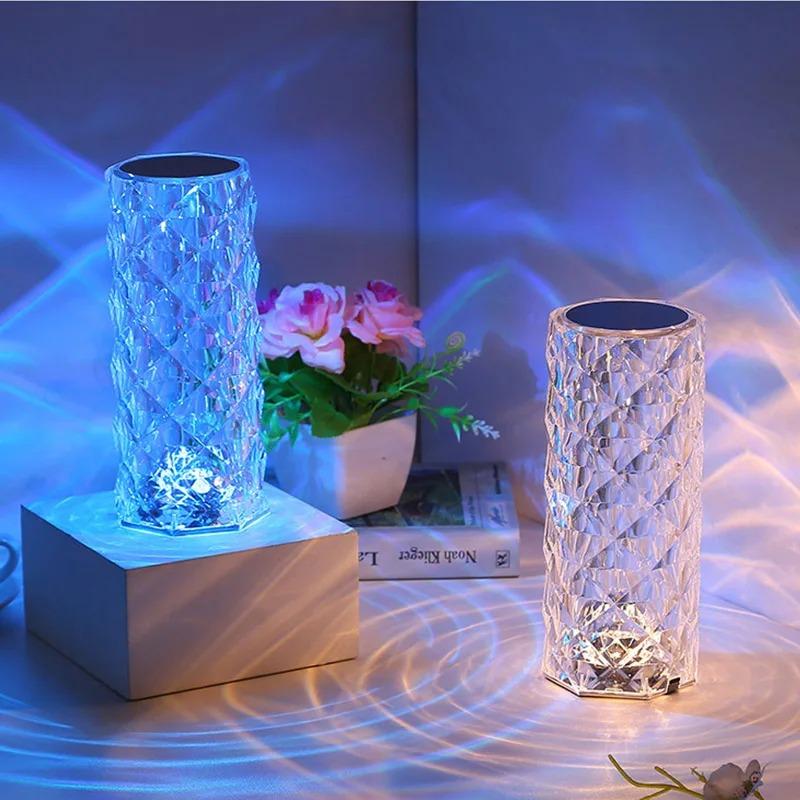 LED Rose Lamp Crystal Table Lamp 3/16 Colors Touch/Remote Diamond  Romantic Christmas USB Party Night Light Projector Light