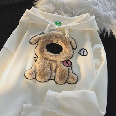 Autumn Furry Puppy Embroidered Pullover Casual Loose Couple Wear Long-sleeved Hooded Sweater Women