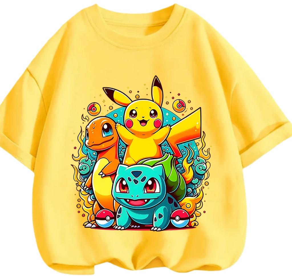 Hot Selling 2026 Kids T Shirt Pikachu Lovely Pattern Soft Comfy Casual School Wear Boys Girls Summer Street Apparel
