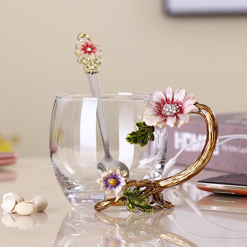 Paris March Enamel Flower Tea Cup - High-Temp Resistant Crystal Glass Gift for Teacher's Day or Girlfriend