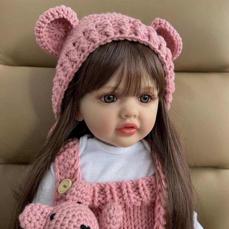 BZDOLL 55 CM 22 Inch Realistic Lifelike Reborn Baby Full Soft Vinyl Girl Doll Long Brown Hair Princess Toddler Bebe Birthday Gift