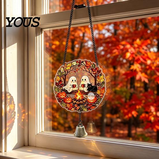 Pumpkin Party Decor Halloween Acrylic Hanging Decoration, Cartoon Ghost Ornament with Double Sided Bell, Suncatcher for Indoor Outdoor Holiday