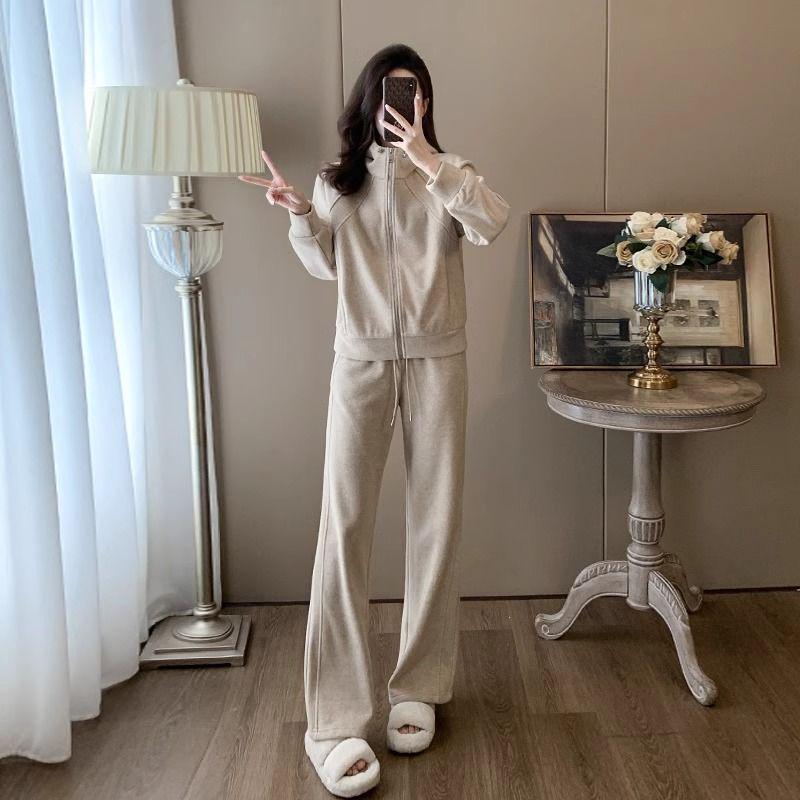 Europäischer Stil Kapuzen-Fleece-Sweatshirt & Weitbein-Hosen Set für Damen - Herbst/Winter Mode Freizeit Sportbekleidung Zweiteiliges Set