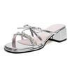 Rhinestone high-heeled slippers women's summer outer wear fashion 2025 new models with skirts fitting room thick-heeled bow slippers