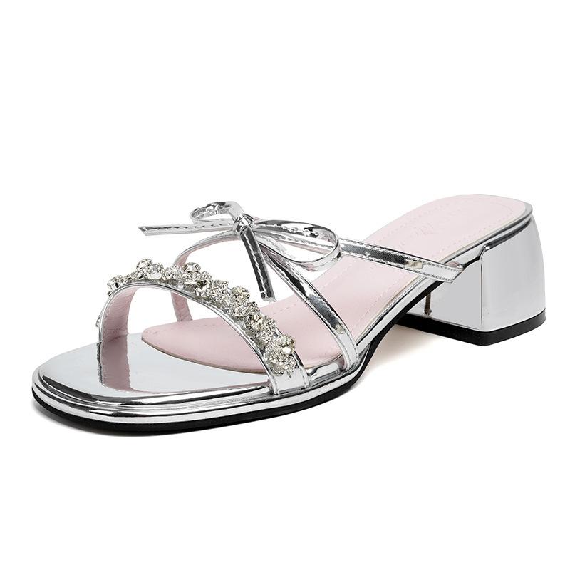 Rhinestone high-heeled slippers women's summer outer wear fashion 2025 new models with skirts fitting room thick-heeled bow slippers