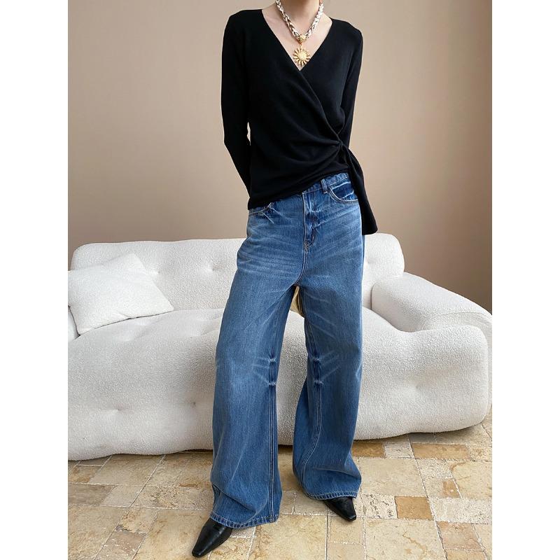 SINAN High Waist Wide-Leg Jeans with Double Seam and Faded Finish SN7910 XL синий