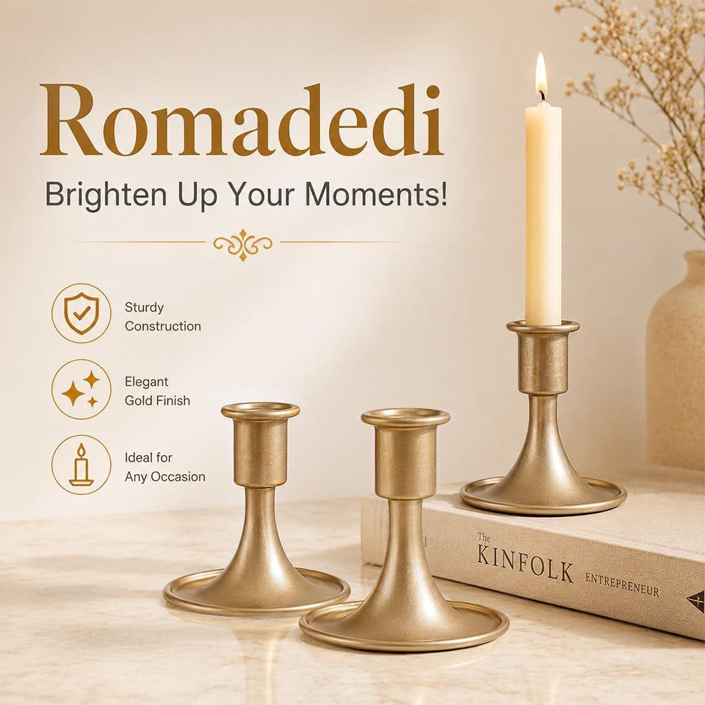 Taper Candleholder Stand Gold Metal Wide Base Mantel Display Holds Taper Candles, Wide Base Helps Reduce Tipping, Gold Metal, Table and Mantel Display