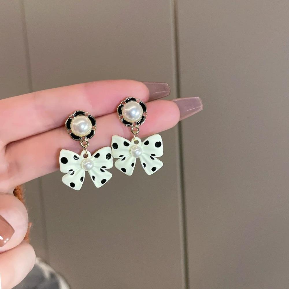 Cute Pearl Bowknot Colorful Polka Dots Bowknot Drop Pendant Earrings for Women Girls Party Dating Wedding Jewelry Accessories