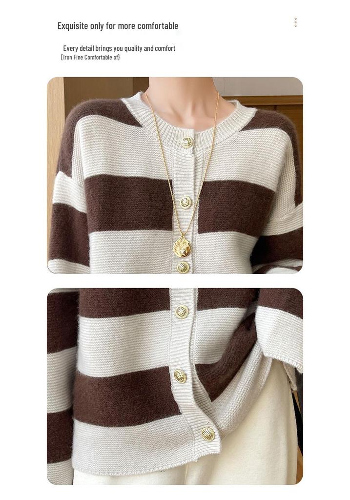 2024 Women's Color Block Pure Wool Knit Cardigan - Casual Round Neck, Loose Fit with Button Closure