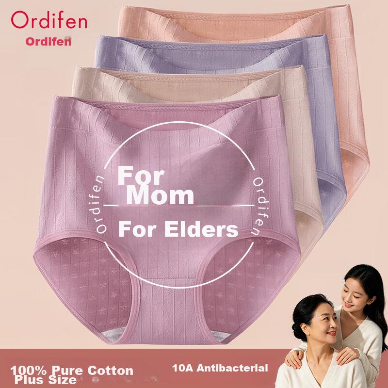 Ordifen Plus Size 100% Cotton Women's Underwear Antibacterial High Waist Briefs for Middle-aged and Elderly Women
