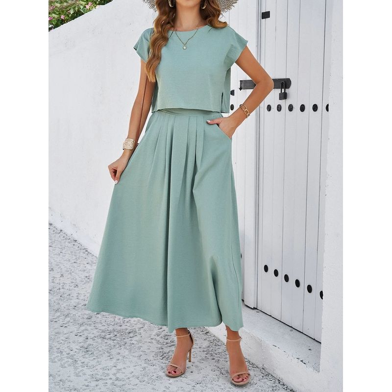 

Tank Top and Skirt Set Fashion Temperament Leisure Pure Color Sleeveless Vest Tops Skirt Suit Greyish green L