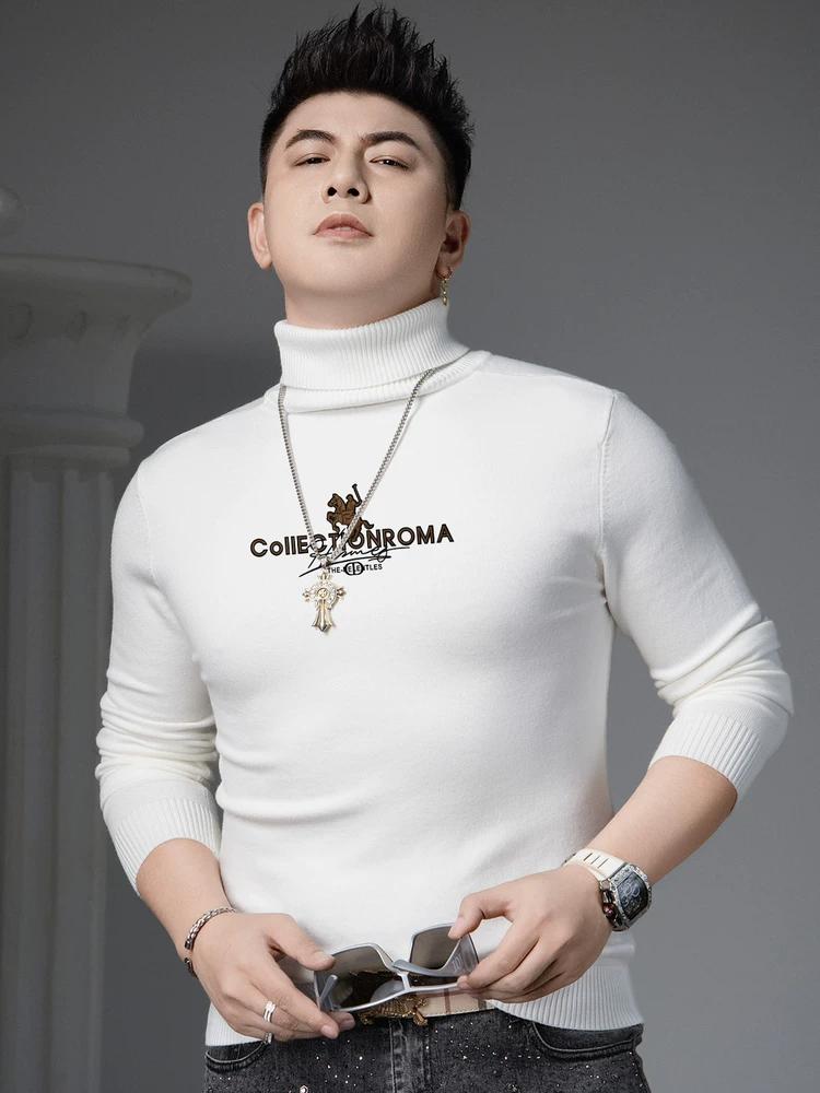 Ozhouzhan 2025 Autumn and Winter Warm Turtleneck sweater Men's Trendy Print Knitted Bottoming Shirt Inner wear Sweater