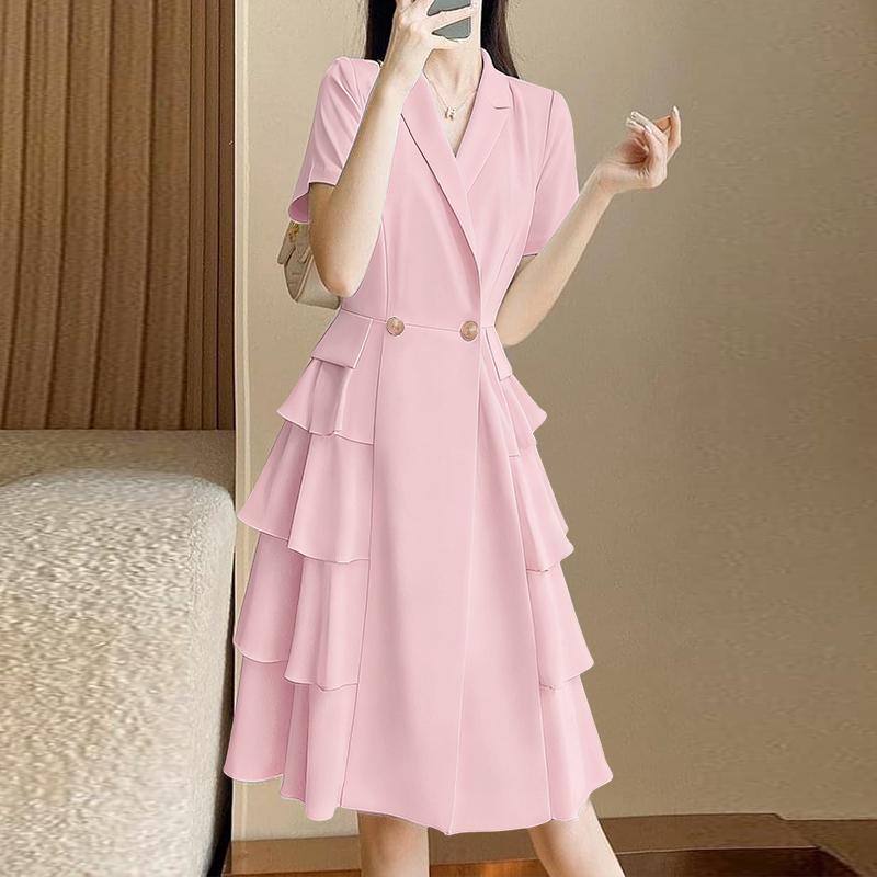 ZANZEA Women Casual Turn Down Collar Loose Short Sleeve Elegant Ruffles Dress