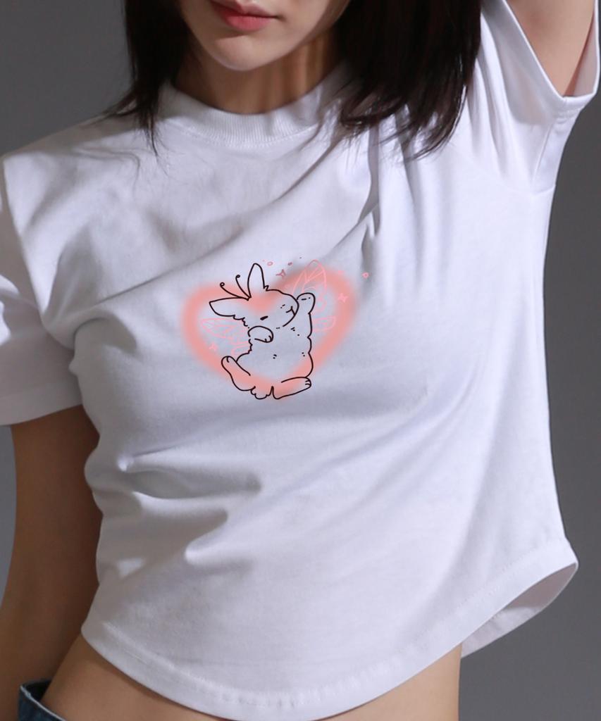 LIKE THE MOST Women'S Angel Rabbit Round Cut Short Sleeve T-Shirt_White