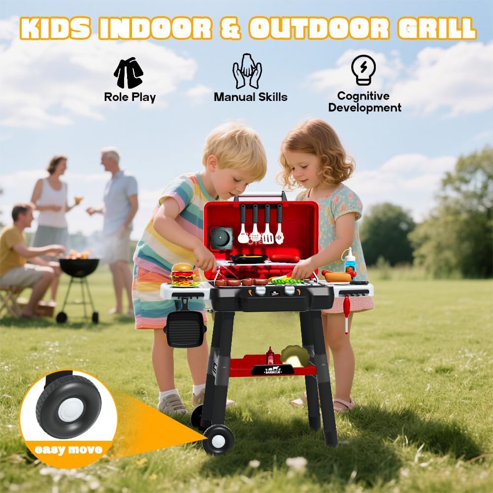 Kinder Grillspielset BBQ Spielzeug Grill mit Rauch Geräusch Licht Rädern Rollenspiel Küchenspielzeug für Kleinkinder Barbecue Spielzeugessen Geschenke
